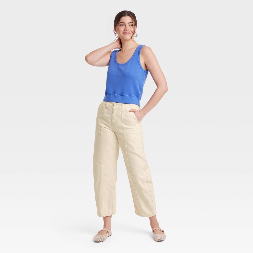 Universal Thread Mid Rise Barrel Leg Ankle Jean, Cream, Size 12